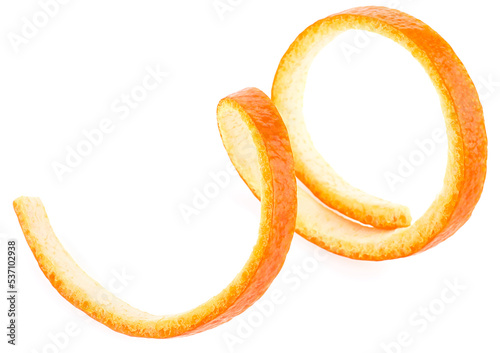 Spiraling orange peel isolated on a white background, close-up. Swirly orange peel.