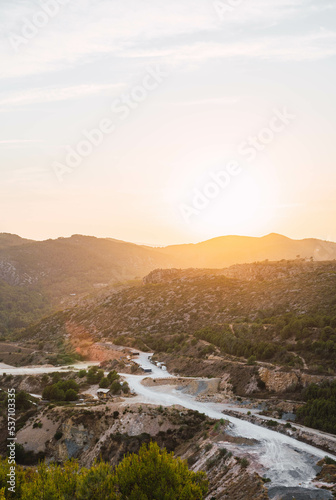 Idyllic sunset landscape at the quarry in the nature