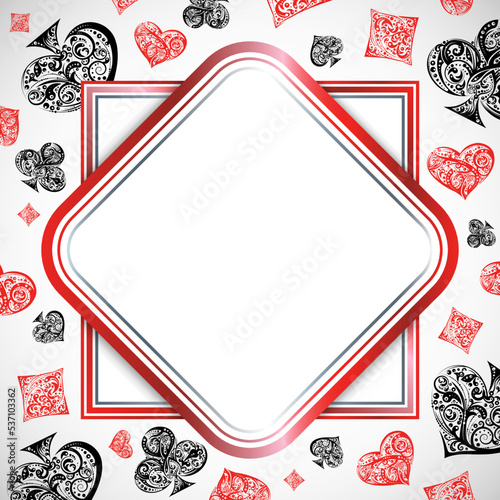 Square frame with vector playing card suit symbols made by floral elements. Gambling background. Vintage illustration in silver and red colors on white .  For web banner template, poker design element