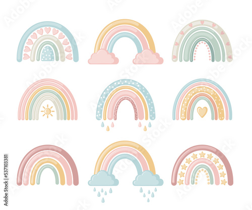 Set with cute rainbows in flat style isolated on white background.