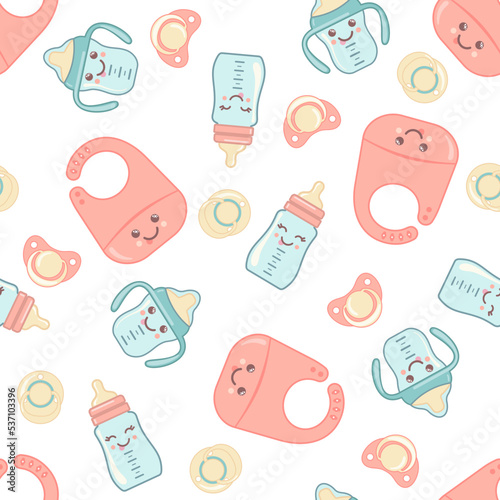 Cute baby shower seamless pattern with kawaii faces isolated on white background.