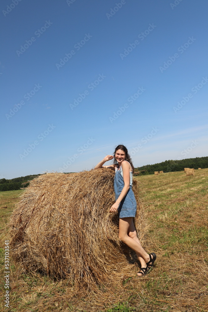 girl resting in a field on a haystack girl resting in a field on a haystack