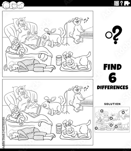 differences task with cartoon dogs coloring page
