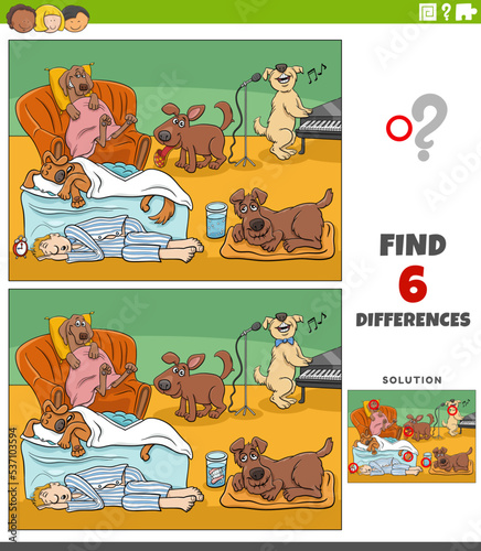 differences task with cartoon dogs animal characters