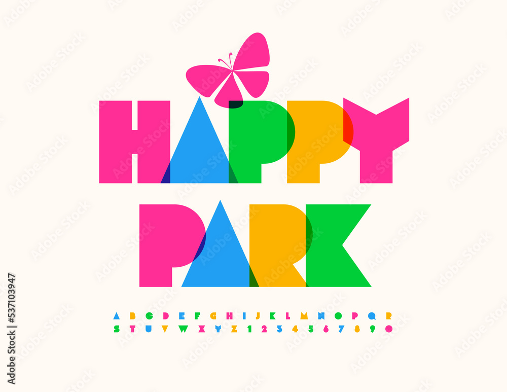 Vector colorful Emblem Happy Park. Funny Kids Font. Creative Alphabet Letters and Numbers