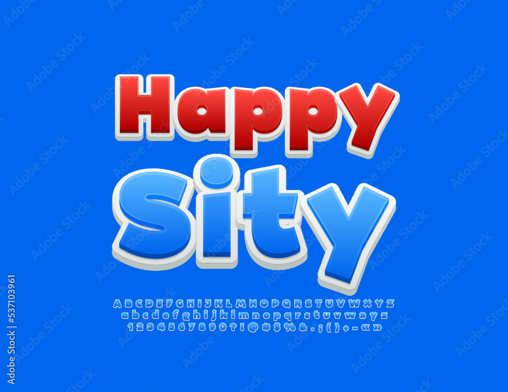 Vector bright poster Happy City. Blue playful Font. Artistic set of Alphabet Letters and Numbers Vector bright poster Happy City. Blue playful Font. Artistic set of Alphabet Letters and Numbers