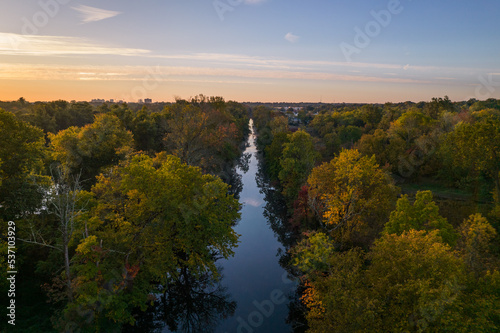 Aerial view over the Canal with Autumn Foliage