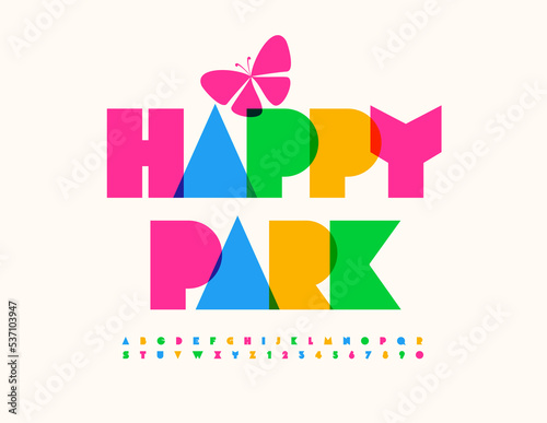 Vector colorful Emblem Happy Park. Funny Kids Font. Creative Alphabet Letters and Numbers