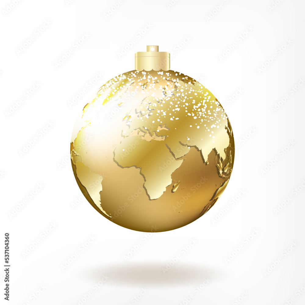 Christmas golden planet Earth ball. Holiday vector illustration of traditional festive X-mas bauble with global map. Merry Christmas and Happy New Year greeting card design element. Christmas golden planet Earth ball. Holiday vector illustration of traditional festive X-mas bauble with global map. Merry Christmas and Happy New Year greeting card design element.