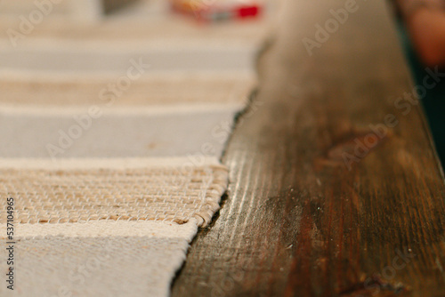 close up of a wooden table in focus