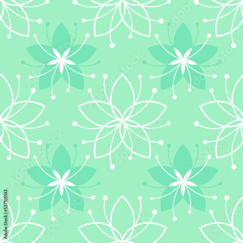 Lovely floral seamless pattern with simple flower. Mint green and white background. Line illustration for textile, wrapping paper, fabric, greeting card, fashion. Vector backdrop with nature tune