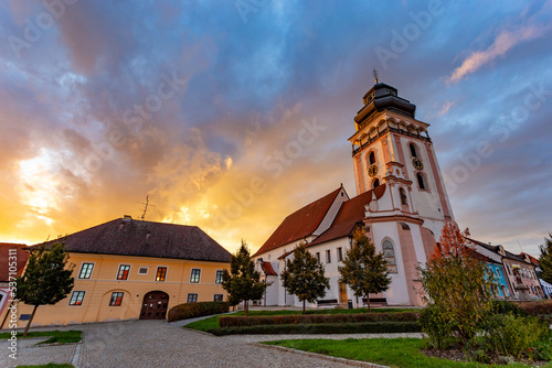 Evening above historic center of Bechyne. Old church. Czechia. © Sergey Fedoskin