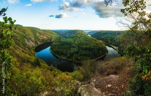 Famous Nature Landmark Saarschleife in Saarland, Germany in Europe in Autumn Fall on a warm clouy day photo