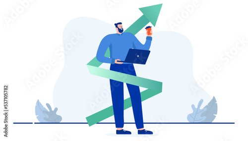 Successful man - Person standing with green arrow pointing up, smiling with computer and coffee in hand. Success and personal growth concept. Flat design cartoon illustration with white background