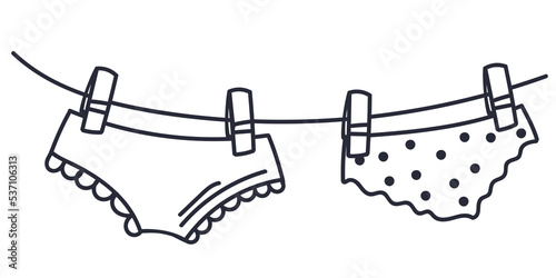 Woman panties drying on a rope in hand drawn doodle style. Vector illustration.