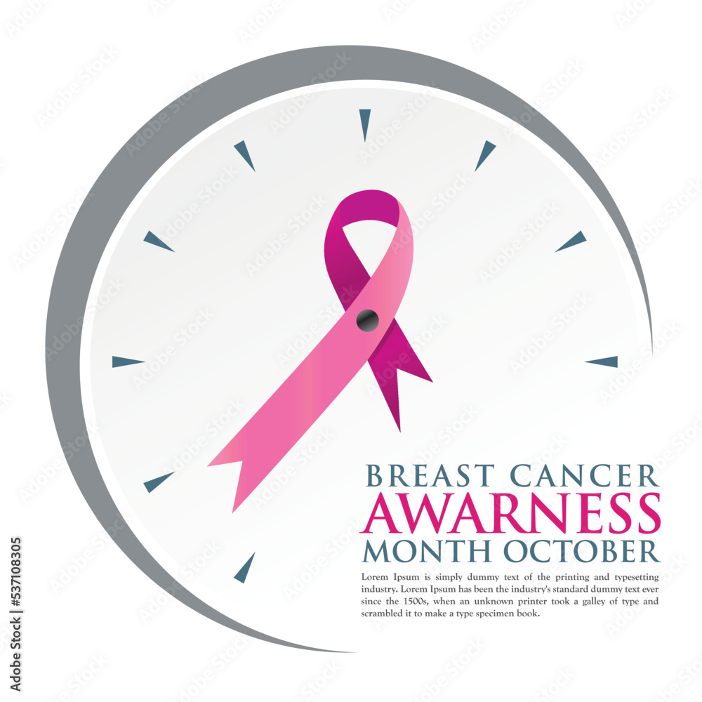 Clock with pink ribbon on clock face. Concept of Breast cancer