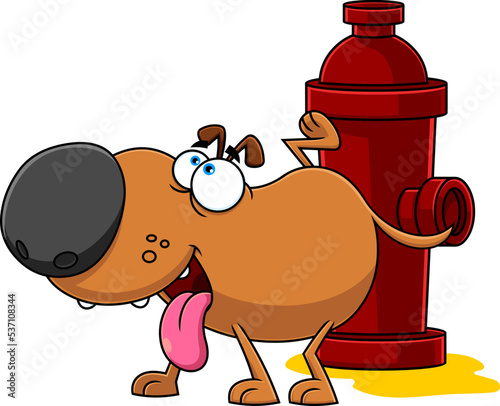 Cute Dog Cartoon Character Peeing On A Fire Hydrant. Vector Hand Drawn Illustration Isolated On Transparent Background