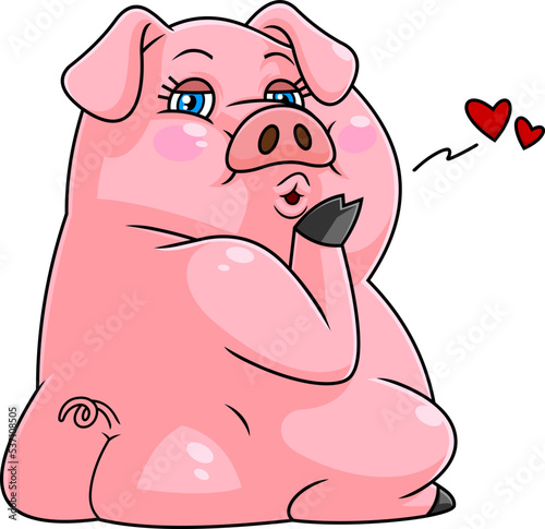Cute Female Pig Cartoon Character In Love Sends Kisses With Hearts. Vector Hand Drawn Illustration Isolated On Transparent Background