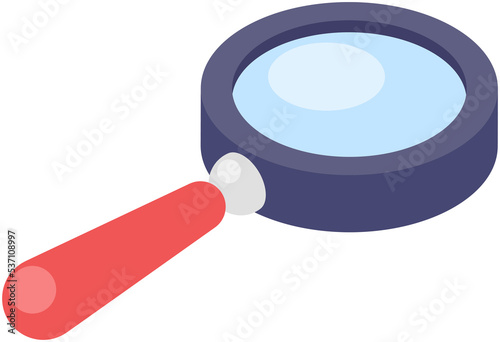 Magnifying glass isolated on white background. Optical device designed to visually enlarge images, objects and small details. Magnifier with long handle and lens. Optical system, magnifying glass