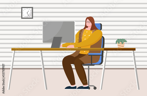 Workplace of young woman working in office. Employee using computer for project creation, communication. Brainstorming lady at workspace typing on keyboard. Female during work with technology