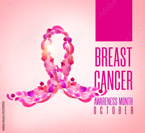 Breast cancer awareness pink ribbon and spring poster background, 3D rendering illustration.