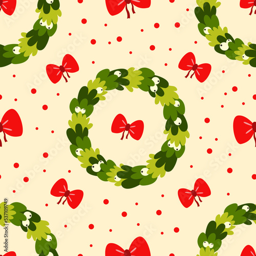 Seamless pattern with Christmas wreath and red ribbons