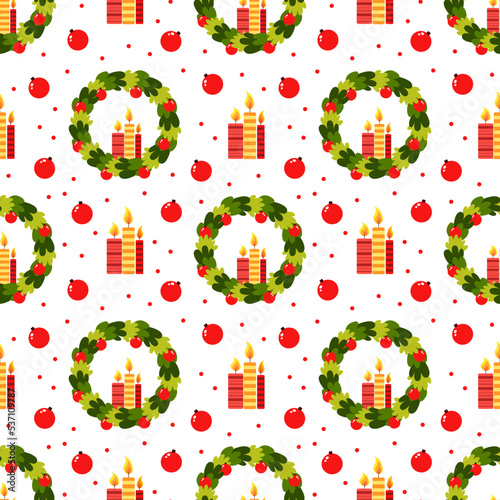 Seamless pattern with Christmas wreath. Holiday pattern design for textile, wrapping paper, decorations.