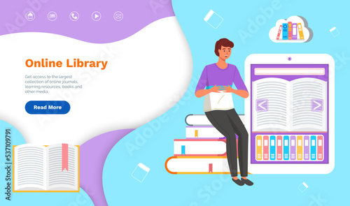 Online digital library landing page template. E-book, audiobook, distance education concept male student with literature app, bookshelves with books on smartphone screen, selfeducation with internet photo