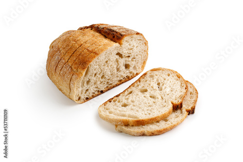 Fresh baked round Bread isolated on white background. Sliced, cutted wheat rye sourdough bread. Tartine country bread. .