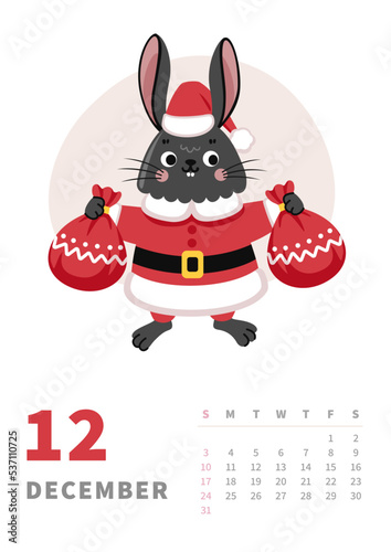 December 2023 wall calendar page with cute bunny. Chinese new year symbol. Winter season. Santa claus rabbit with gifts. A4 template  print  poster  vector illustration.
