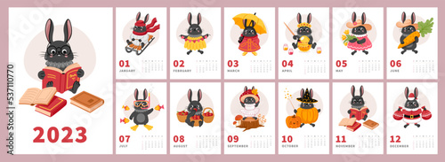 Wall calendar 2023 template with cute rabbit. Vertical design A4. Black bunny cartoon character, chinese symbol of new year. Set of 12 months. Week starts on sunday. Vector illustration.