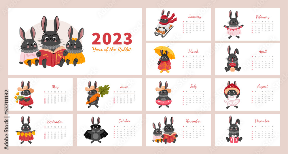 2023 calendar page horizontal template. Cute colorful bunny cartoon characters. Rabbit, chinese symbol and mascot of new year. Week starts on sunday. Vector illustration.