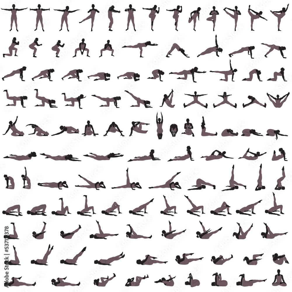 Big set of vector silhouettes of girl doing yoga and fitness exercises. Shapes of slim woman in sportive costume practicing and stretching in different poses isolated on white background. 