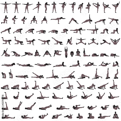 Big set of vector silhouettes of girl doing yoga and fitness exercises. Shapes of slim woman in sportive costume practicing and stretching in different poses isolated on white background. 