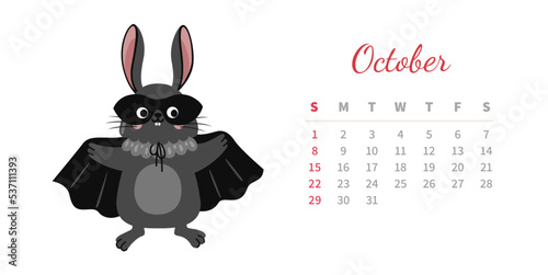 October 2023 calendar page horizontal template. Cute bunny in bat halloween costume and mask. Rabbit, chinese symbol and mascot of new year. Week starts on sunday. Vector illustration.
