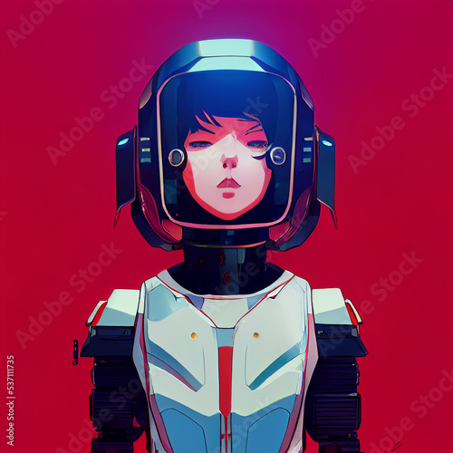 Cyborg Anime Portrait of Japan Girl, Hand Drawn Illustration
