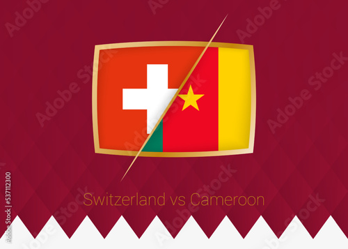 Switzerland vs Cameroon, group stage icon of football competition on burgundy background.