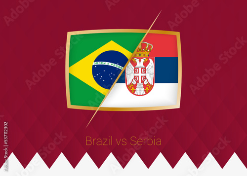 Brazil vs Serbia, group stage icon of football competition on burgundy background.