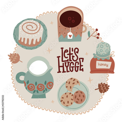 Tea party with a bun, biscuits, honey and milk in a milk jug isolated concept. Soft colored winter Let's hugge illustration. Card, poster, print, sticker design. Scrapbook collection. Flat vector.