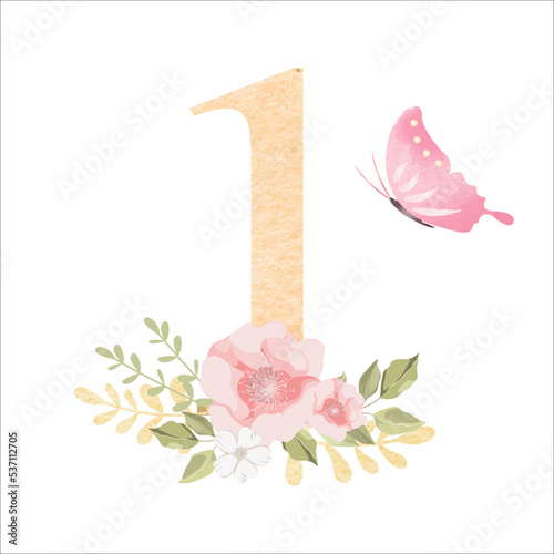 Cute vintage golden glitter number one with crown and bunting with word ONE, can be used as baby first birthday card