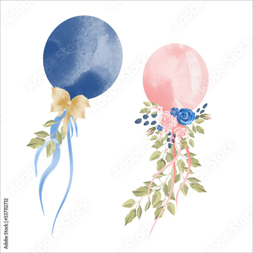 Colorful air baloons. pink Watercolor object on the white background, aquarelle. Vector illustration.