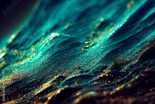 Closeup Turquoise and Golden Powder 3D Art Work Abstract Background. Glamorous Cosmetic Dust Stunning Macro Photography Spectacular Beautiful Wallpaper. Shinning Particles Art Illustration © yamonstro
