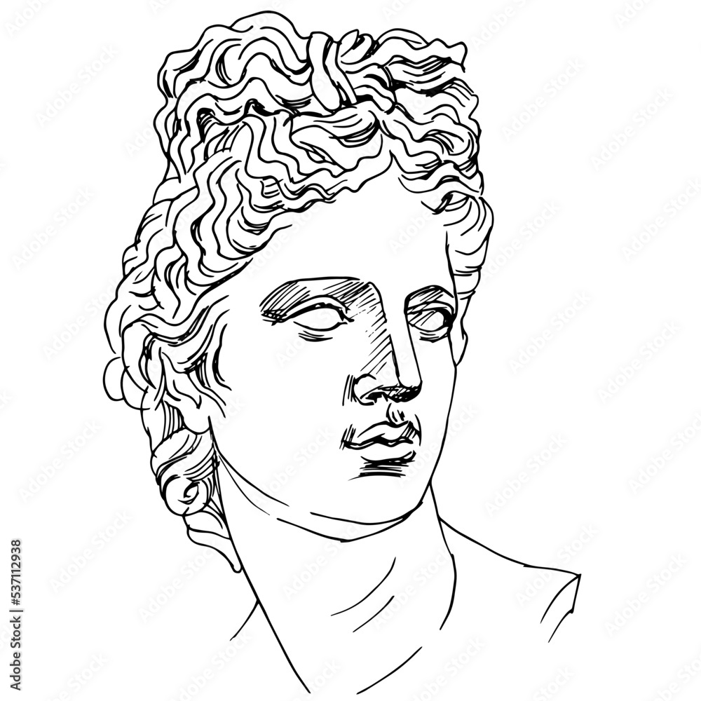 Outline vector illustration of portrait of Apollo Belvedere. Black and white line art of antique sculpture Outline vector illustration of portrait of Apollo Belvedere. Black and white line art of antique sculpture
