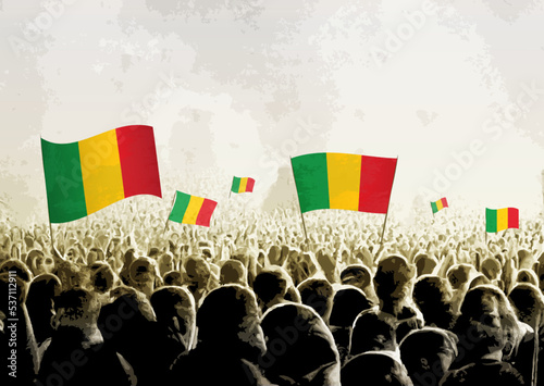 Crowd with the flags of Mali, people cheering national team of Mali. Ai generated illustration of crowd.