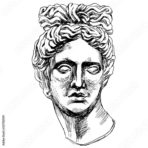 Outline vector illustration of portrait of Apollo Belvedere. Black and white line art of antique sculpture