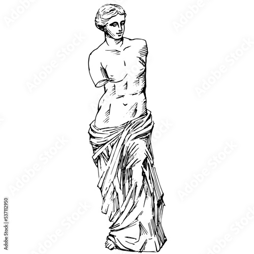 Hand drawn vector line art of antique statue of Aphrodite or Venus de Milo. Line drawing of ancient greek sculpture