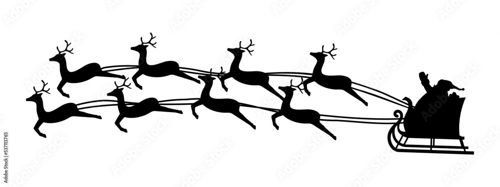 Trineo de navidad de Santa Claus. Feliz Navidad. Santa Claus volando en el trineo con renos de navidad. Papá Noel repartiendo regalos. Ilustración vectorial