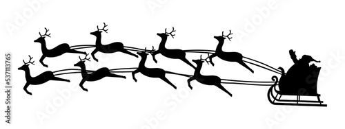 Trineo de navidad de Santa Claus. Feliz Navidad. Santa Claus volando en el trineo con renos de navidad. Papá Noel repartiendo regalos. Ilustración vectorial