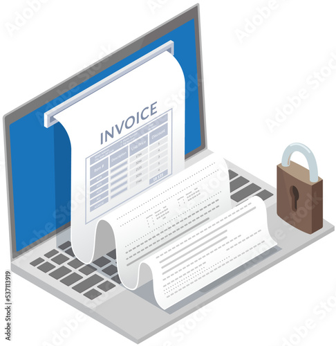 Sending and receiving payment using electronic invoice. Financial accounting report. Concept of electronic bill and online bank, laptop with check tape. Payment by means of payments electronic online