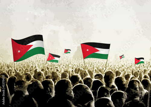 Crowd with the flags of Jordan, people cheering national team of Jordan. Ai generated illustration of crowd.